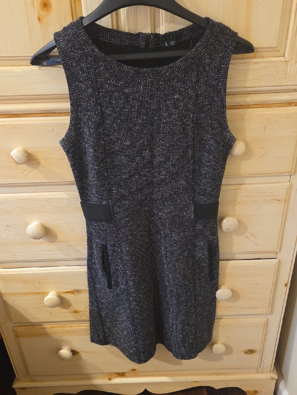 Theory Sleeveless Tweed Mini Dress in Black and Gray